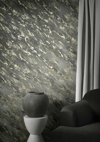 Non-woven wallpaper plaster look black gold 86526