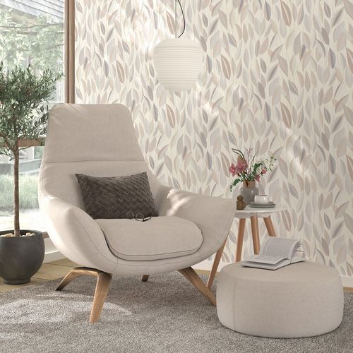 Non-woven wallpaper leaf pattern white grey beige 10431-31