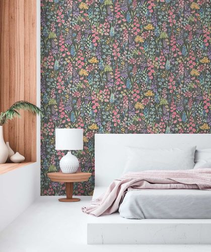 Non-woven wallpaper wildflowers black colourful 39606-4