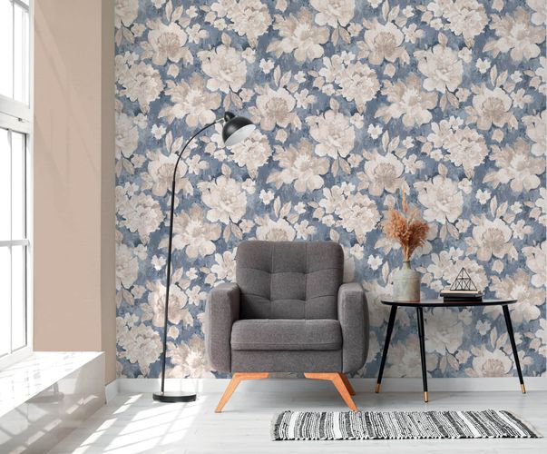 Non-woven wallpaper vintage flowers blue beige 39607-1