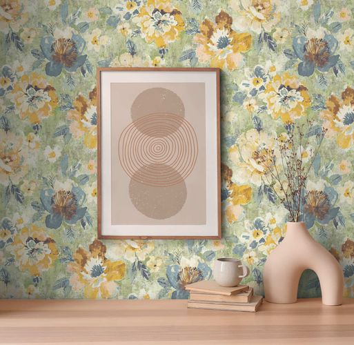 Non-woven wallpaper vintage flowers green yellow 39607-3