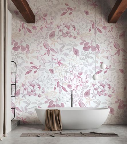 Non-woven wallpaper leaves white pink grey 39692-2