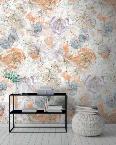 Non-woven wallpaper floral cream beige orange 39694-2