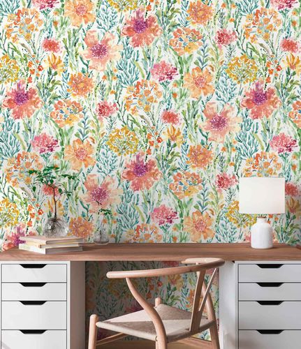 Non-woven wallpaper abstract white green orange 39695-1
