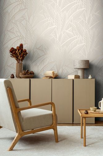 Non-woven wallpaper leaves grey cream metallic 39933-3