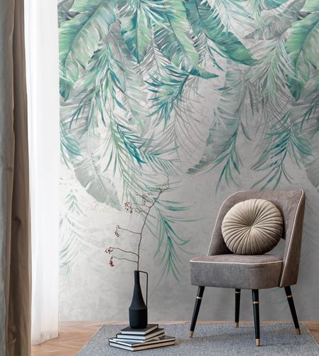 Photo wallpaper leaves concrete look grey green 39819-1