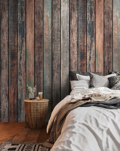 Photo wallpaper wood look boards brown blue 39832-1