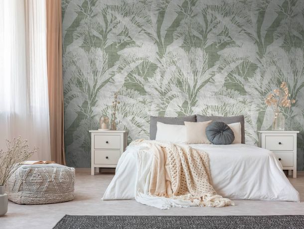 Photo wallpaper textile look leaves green white 39885-1