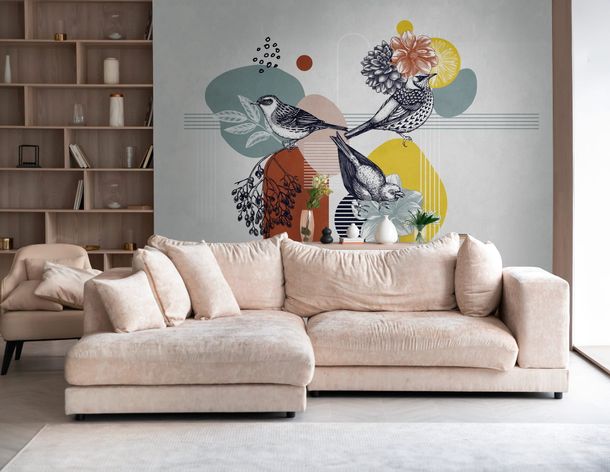 Photo Wallpaper Birds Graphic grey colourful 39910-1