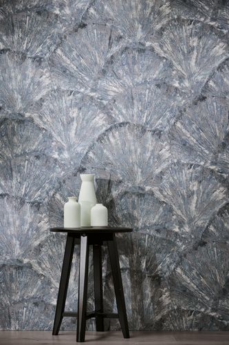 Non-woven wallpaper abstract leaves dark blue grey 78198-5