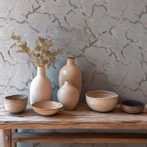 Non-woven wallpaper floral grey silver metallic 78199-3