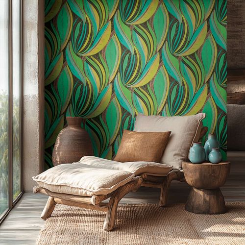 Non-woven wallpaper leaves graphic green copper 78655-1
