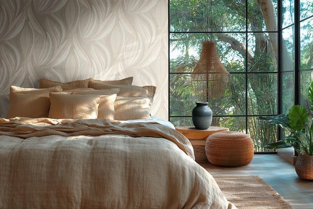 Non-woven wallpaper leaves cream beige metallic 78655-4