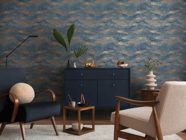 Non-woven wallpaper waves blue gold metallic 78656-1