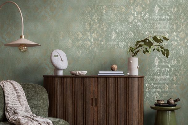 Non-woven wallpaper baroque green gold metallic 78672-5