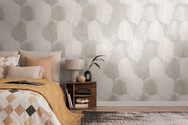 Non-woven wallpaper tropics grey cream gloss 78673-2