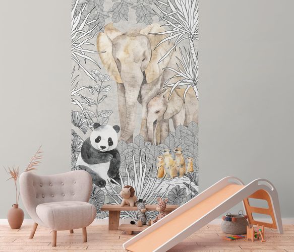 Non-woven wallpaper kids animals exotic grey beige 77070-1