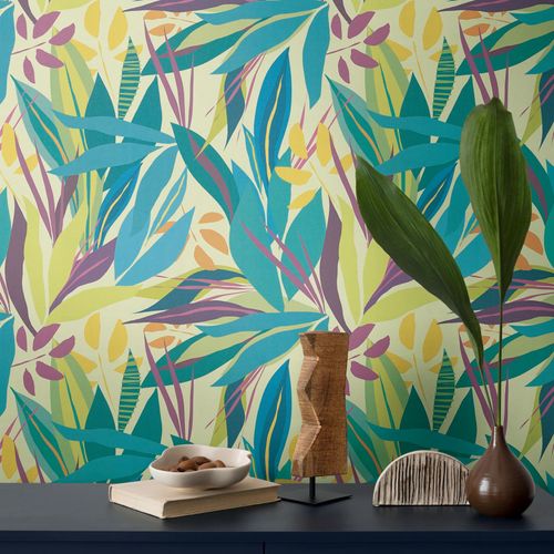 Non-woven wallpaper leaves graphic green blue 78209-2