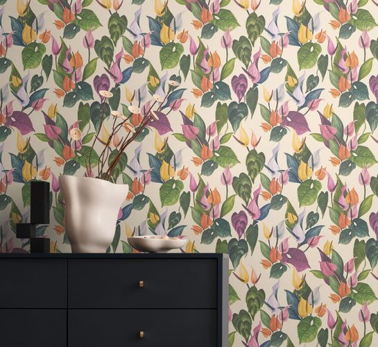 Non-woven wallpaper flowers tropical cream green 78210-1