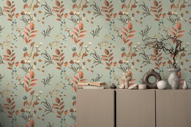 Non-woven wallpaper leaves floral green grey 78212-2