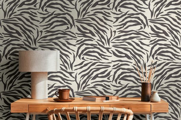 Non-woven wallpaper animal fur zebra black white 78217-1