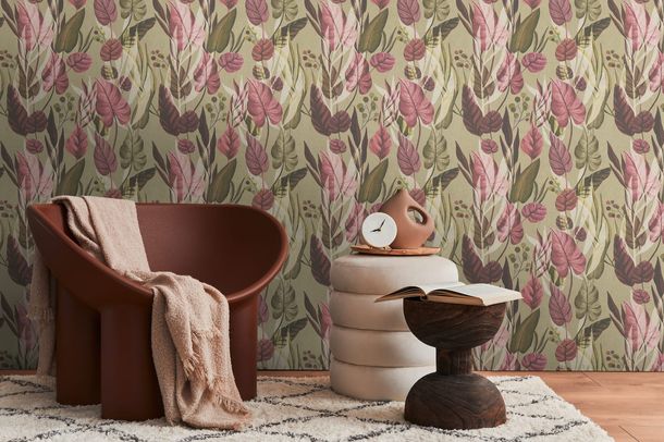 Non-woven wallpaper leaves tropical green red 78219-2