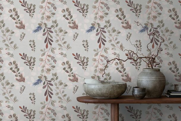 Non-woven wallpaper leaves branches grey brown 78221-2