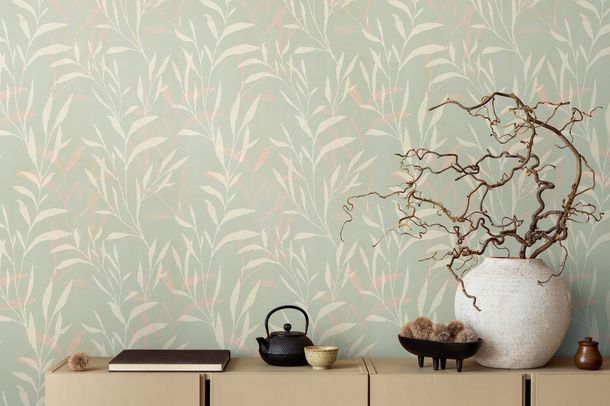 Non-woven wallpaper floral leaves green cream 78222-1