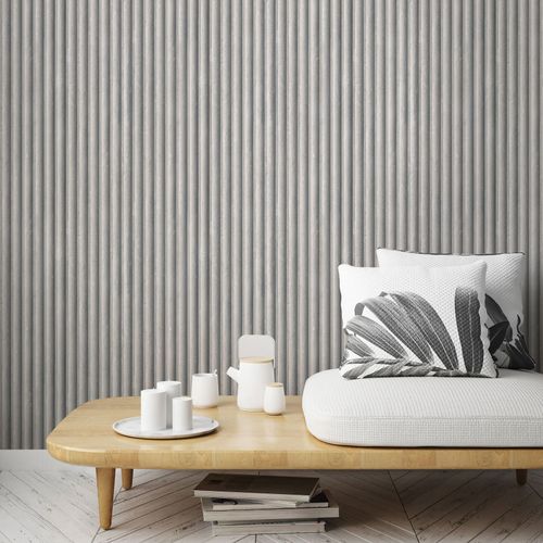 Non-woven wallpaper 3D look stripes grey cream 81696