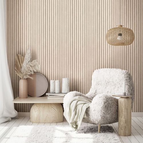 Non-woven wallpaper 3D look stripes beige grey 81697