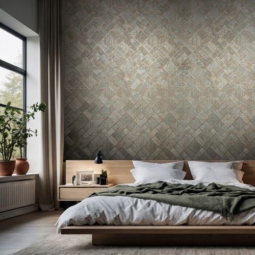 Non-woven wallpaper tiles blue copper metallic 35512