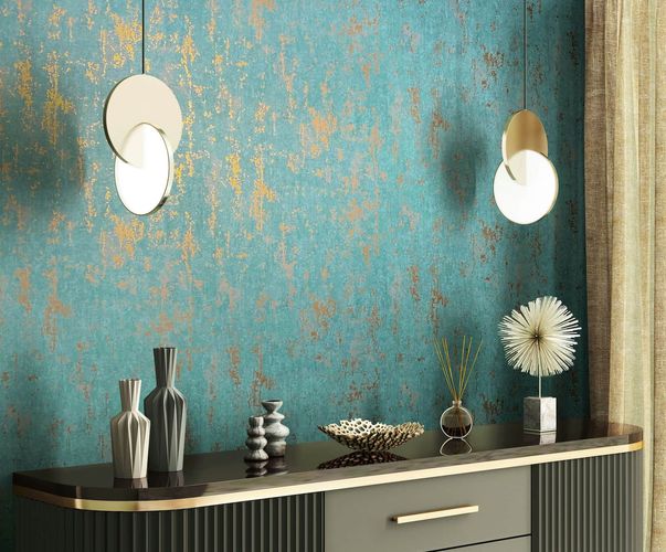 Non-woven wallpaper concrete look turquoise gold 35164