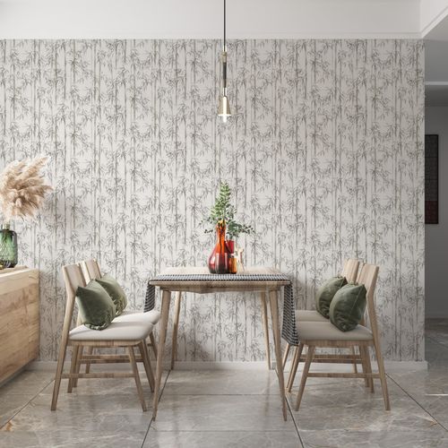 Non-woven wallpaper floral bamboo leaves grey cream 81671