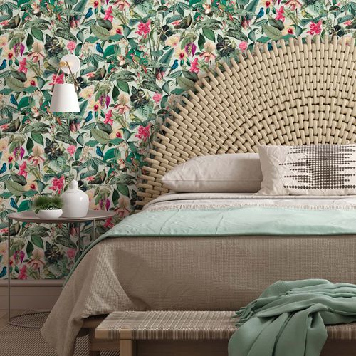 Non-woven wallpaper tropical floral jungle green pink 81684