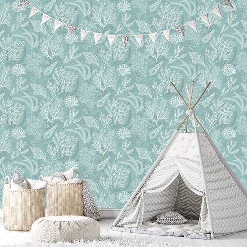 Non-woven wallpaper Underwater Floral Turquoise White 81688