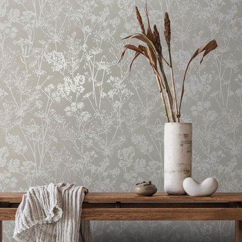 Non-woven wallpaper wildflowers grey white gloss 82464