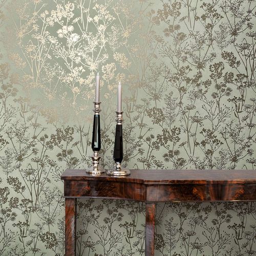 Non-woven wallpaper wildflowers green gold metallic 82465