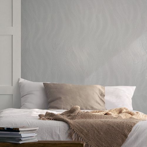 Non-woven wallpaper graphic wave pattern white gloss 82476