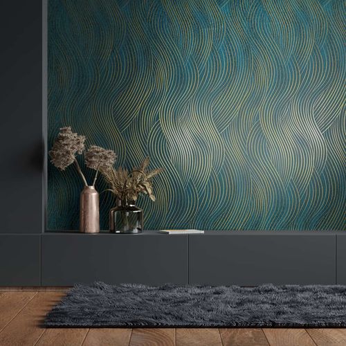 Non-woven wallpaper waves petrol gold metallic 82477