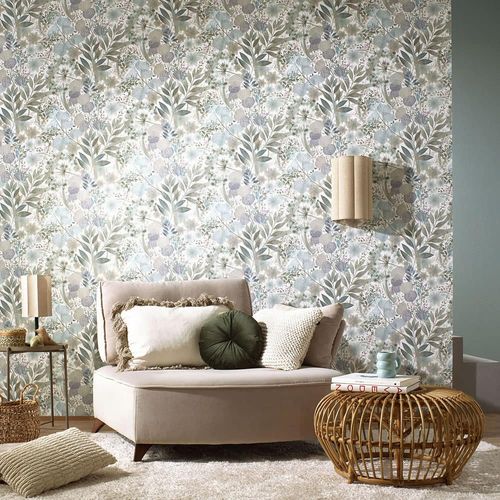 Non-woven wallpaper leaves floral white green blue 10506-24