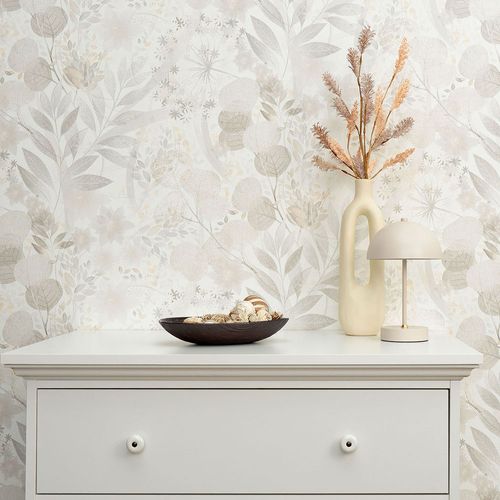 Non-woven wallpaper leaves floral white grey beige 10506-31