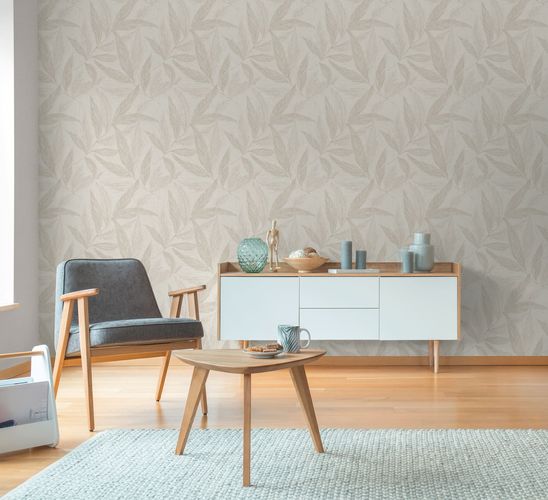 Non-woven wallpaper leaves beige grey silver 79096-2