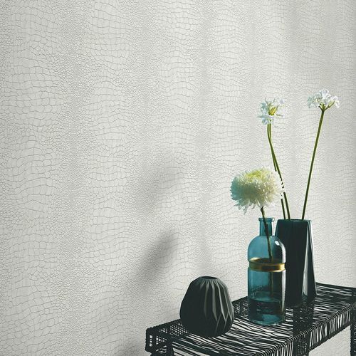 Non-woven wallpaper crocodile cream grey metallic 10529-14