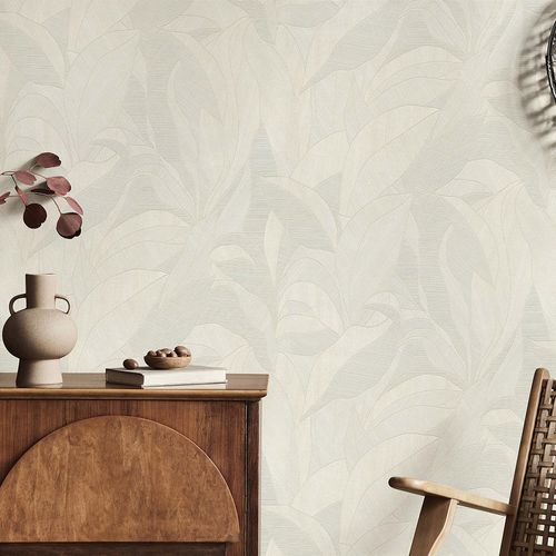 Non-woven wallpaper leaves cream beige metallic 10530-02