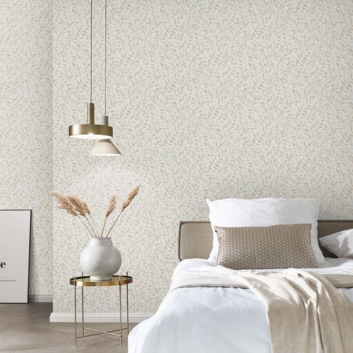 Non-woven wallpaper leaves cream blue green 10462-02