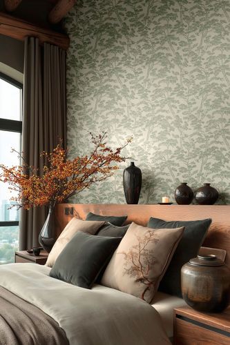 Non-woven wallpaper Floral Trees Cream Green 79001-3