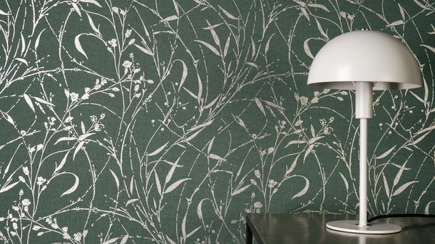Non-woven wallpaper Floral Green Silver Metallic 79004-5