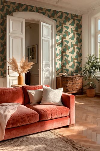 Non-woven wallpaper leaves jungle green beige brown 79039-2