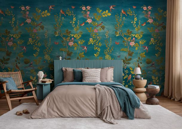 Floral photo wallpaper birds leaves blue green pink 79216-3