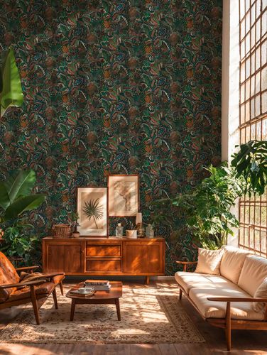Non-woven wallpaper tropical black green orange 78025-2